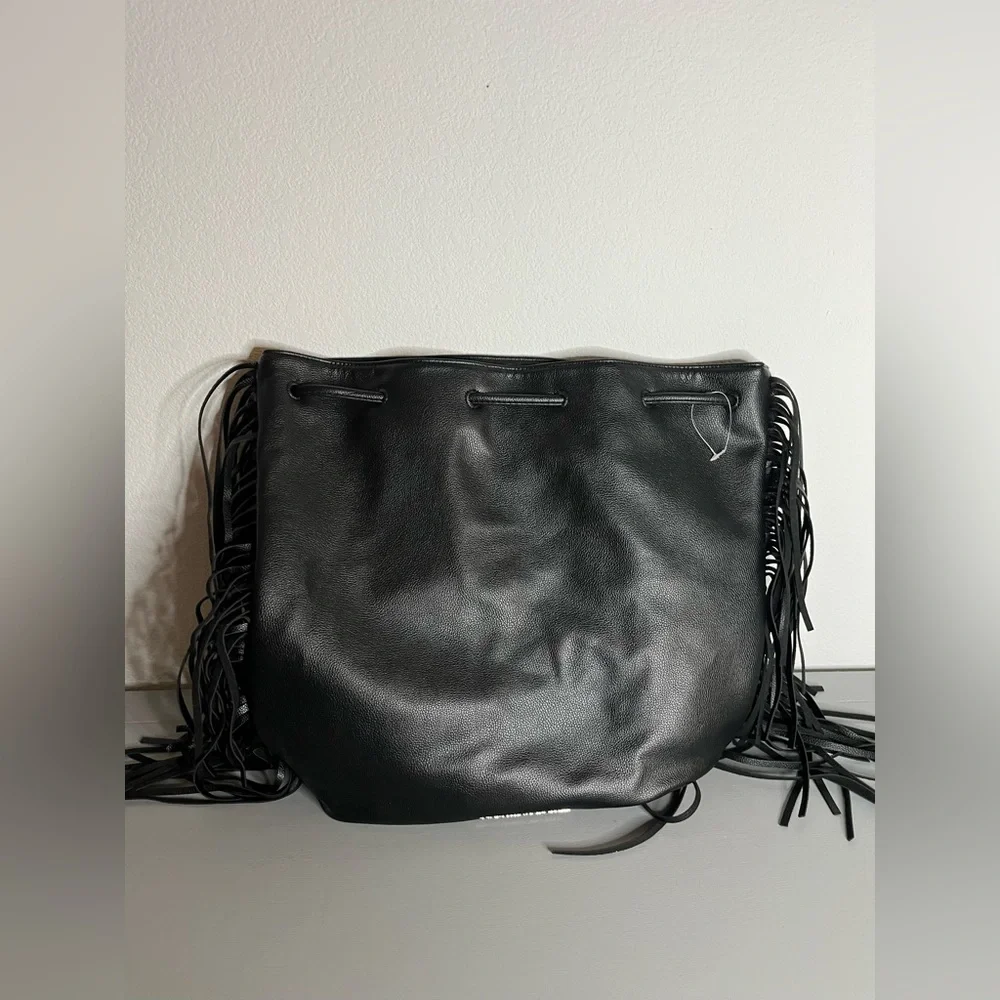 Victoria's Secret Fringe Bucket Bag Drawstring Black Faux Leather Large NWOT - Picture 2 of 16